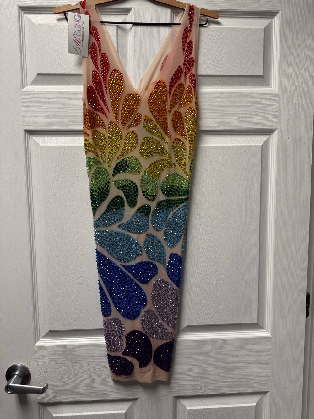 Rainbow Crystal Embellished Nude Illusion Mini Dress - Picture 2 of 6